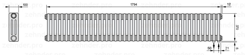 Схема (чертеж) Радиатор Zehnder Charleston 3037/39 №5510 Белый глянцевый RAL 9016